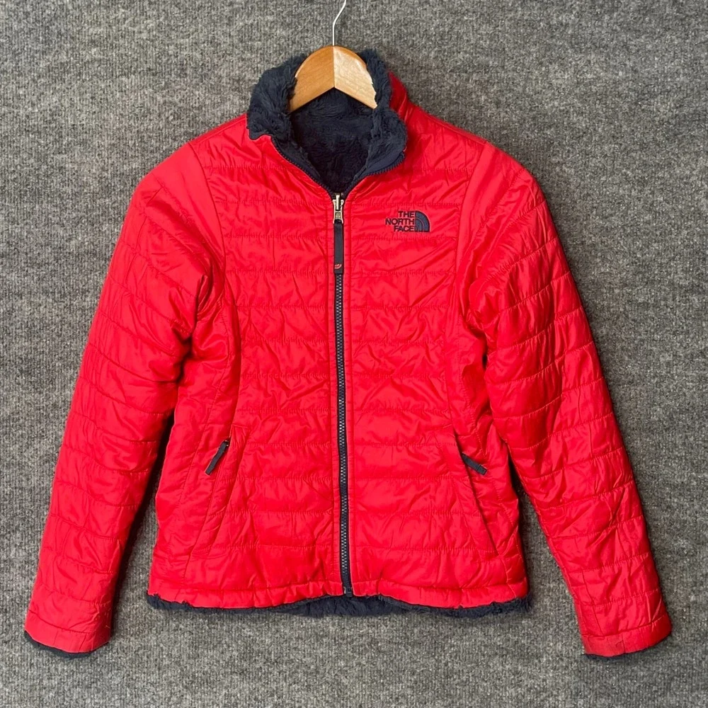 The North Face Girls Reversible Mossbud Swirl Jacket Red Navy‎ Blue M 10/12